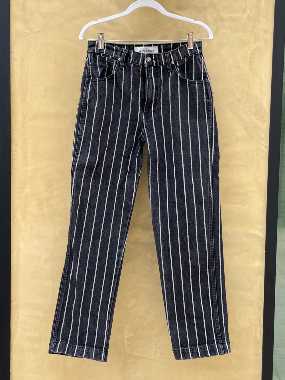Reformation Black Jeans with White Pinstripes — Straight Leg